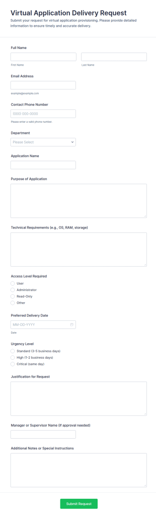 Virtual Application Delivery Request Form Template