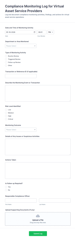 Virtual Asset Service Provider Compliance Monitoring Log Form Template