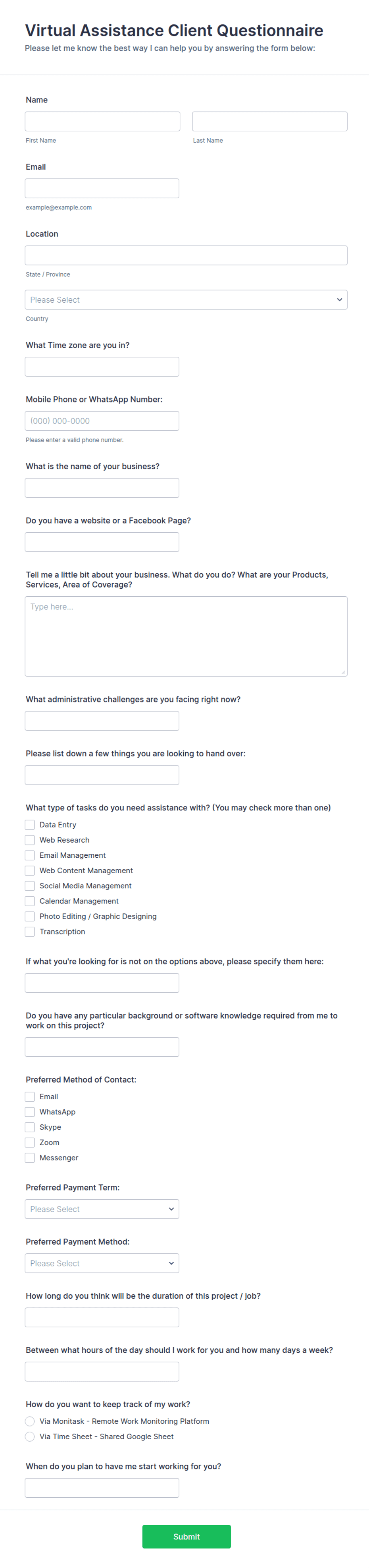 Technology Aide Questionnaire Examples Virtual Assistance Client Questionnaire Form Template | Jotform