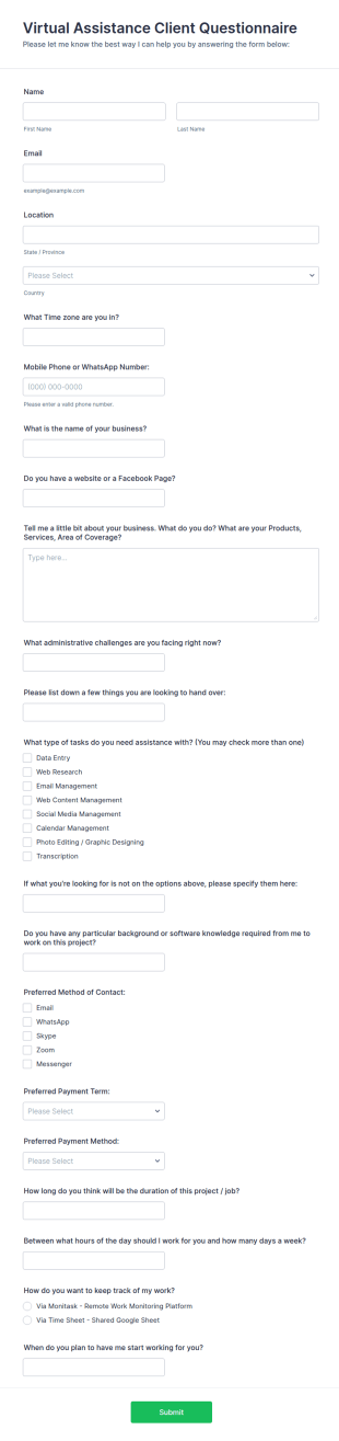 Virtual Assistance Client Questionnaire Form Template
