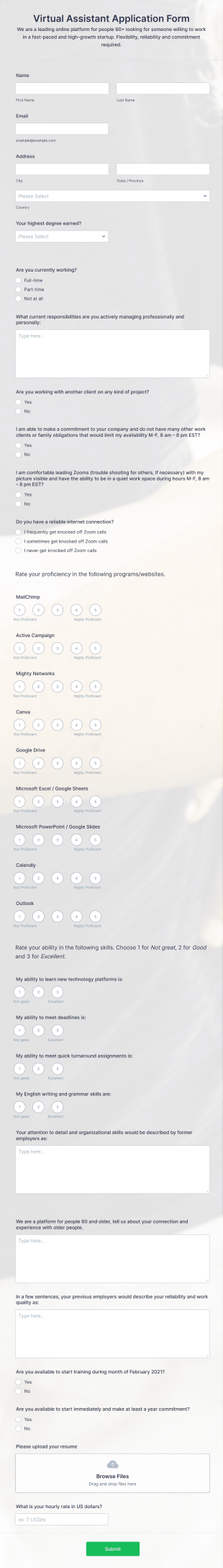 Virtual Assistant Application Form Template