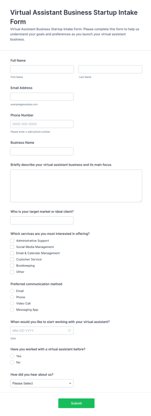 Virtual Assistant Business Startup Intake Form Template