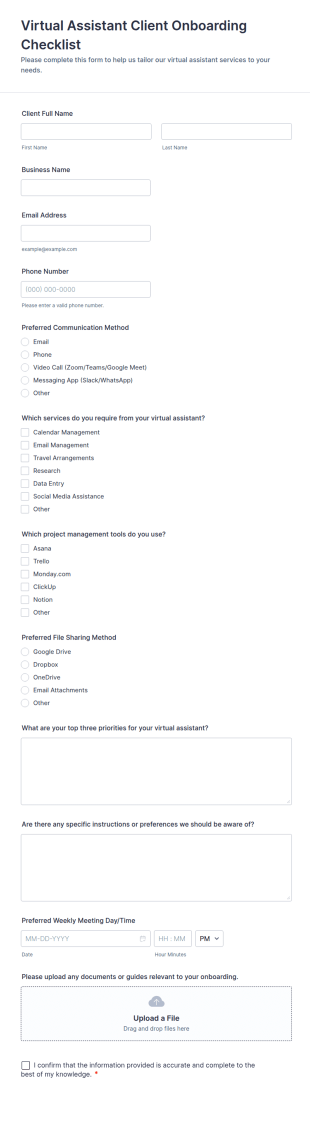 Virtual Assistant Client Onboarding Checklist Form Template
