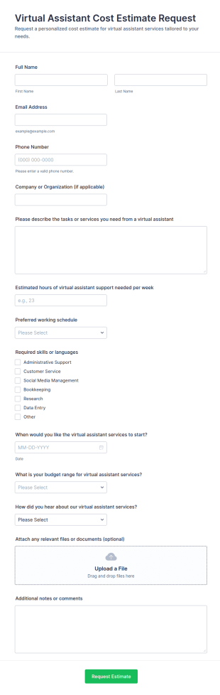 Virtual Assistant Cost Estimate Request Form Template