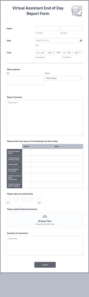 Virtual Assistant End Of Day Report Form Template