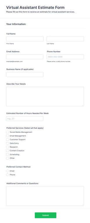 Virtual Assistant Estimate Form Template