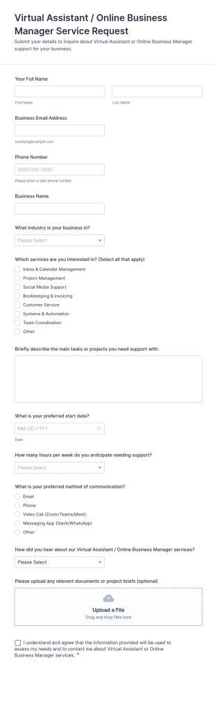 Virtual Assistant / Online Business Manager Service Request Form Template