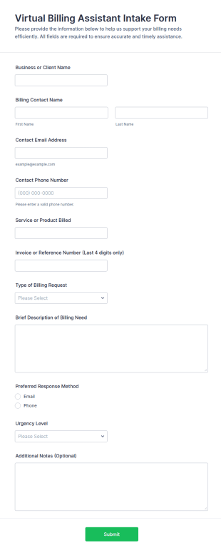 Virtual Billing Assistant Intake Form Template
