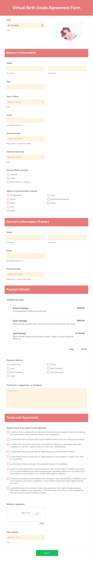 Virtual Birth Doula Agreement Form Template