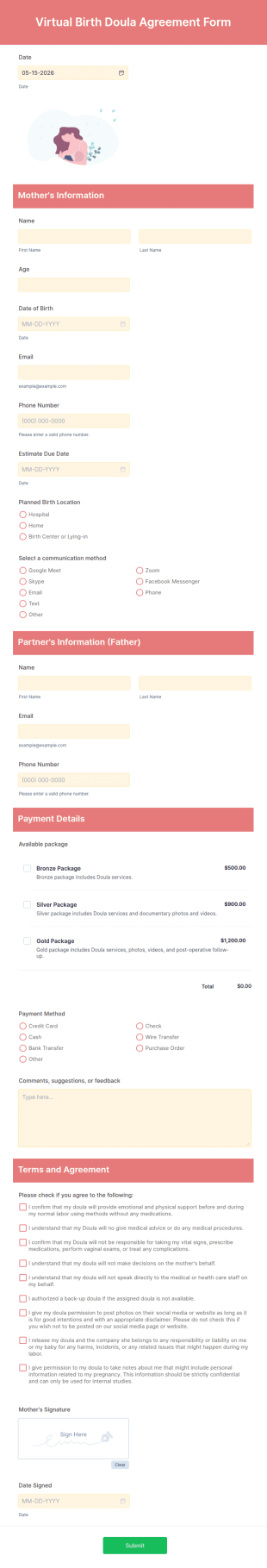 Virtual Birth Doula Agreement Form Template