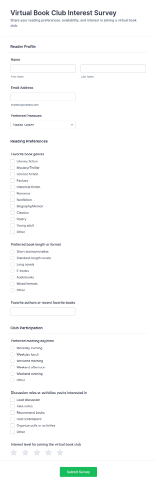 Virtual Book Club Interest Survey Form Template