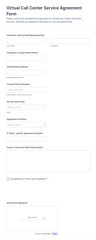Virtual Call Center Service Agreement Form Template