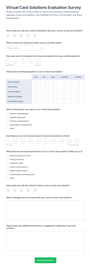 Virtual Card Solutions Evaluation Survey Form Template