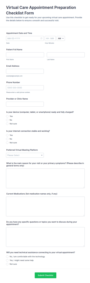 Virtual Care Appointment Preparation Checklist Form Template
