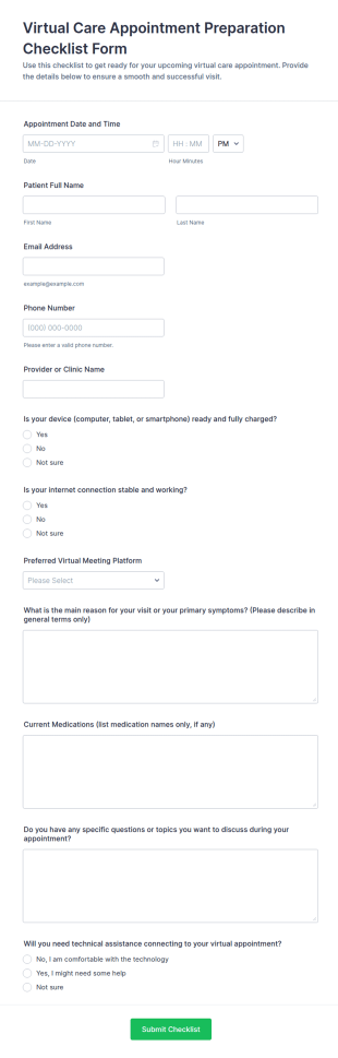 Virtual Care Appointment Preparation Checklist Form Template
