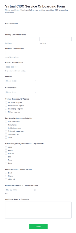 Virtual CISO Service Onboarding Form Template