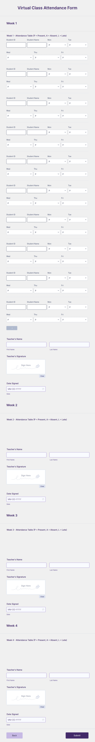 Virtual Class Attendance Form Template