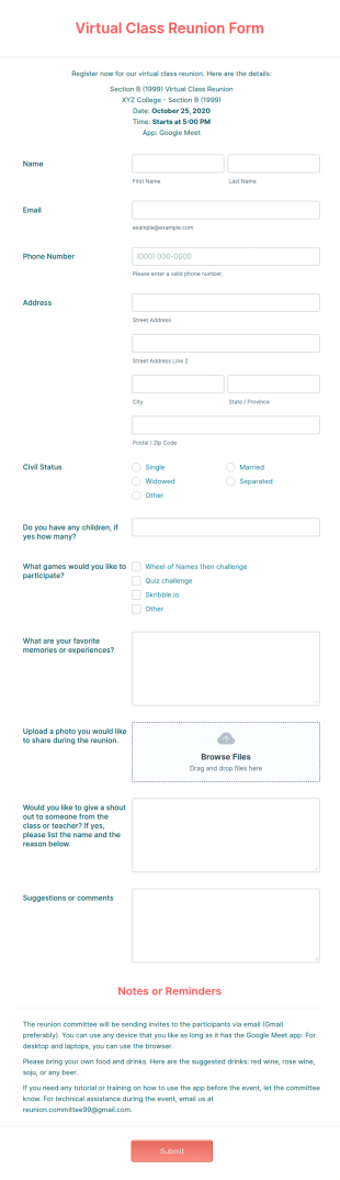 Virtual Class Reunion Form Template