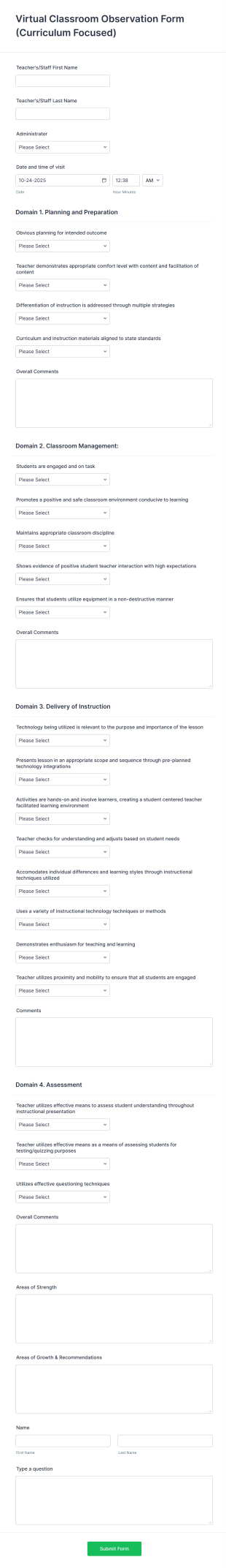 Virtual Classroom Observation Form Template