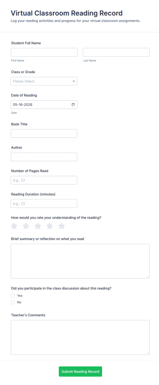 Virtual Classroom Reading Record Form Template