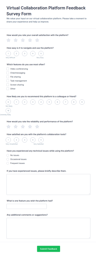 Virtual Collaboration Platform Feedback Survey Form Template