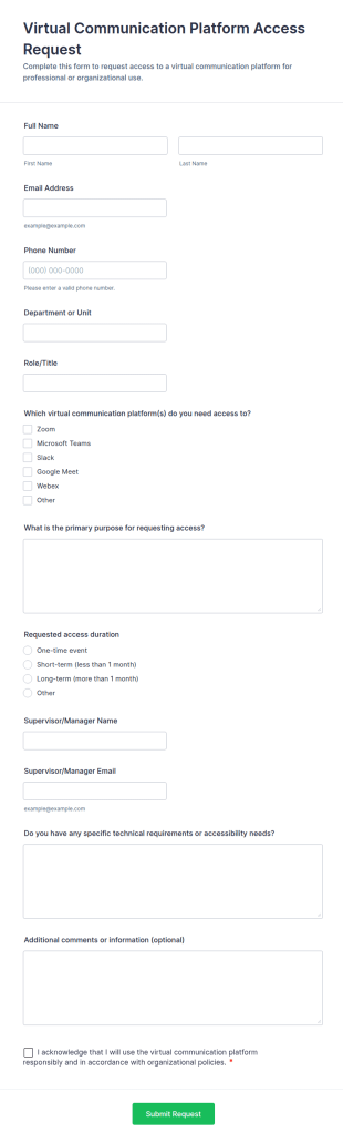 Virtual Communication Platform Access Request Form Template