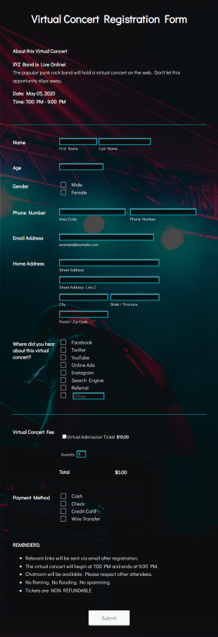 Virtual Concert Registration Form Template