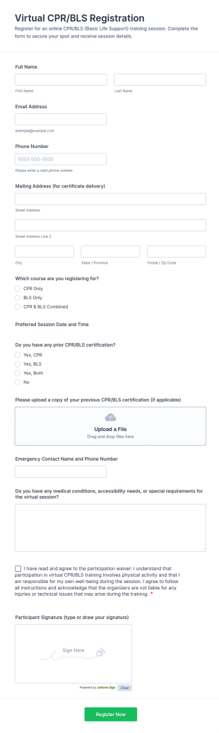 Virtual CPR/BLS Registration Form Template