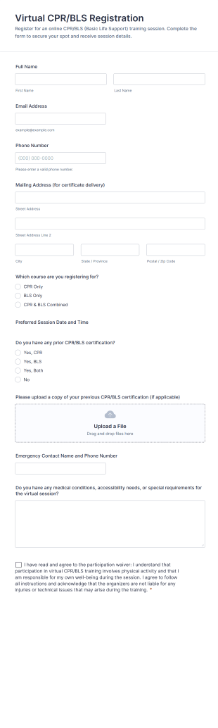 Virtual CPR/BLS Registration Form Template