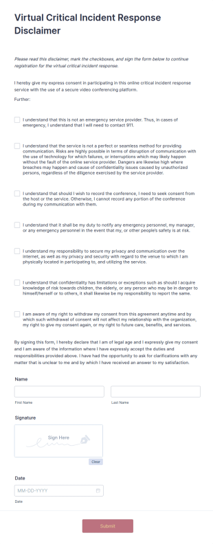 Virtual Critical Incident Response Disclaimer Form Template