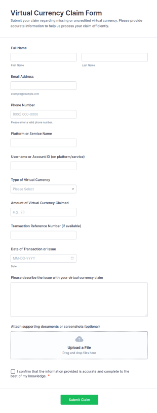 Virtual Currency Claim Form Template