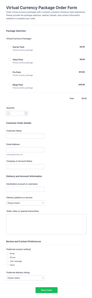 Virtual Currency Package Order Form Template
