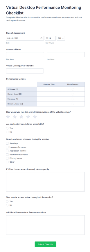 Virtual Desktop Performance Monitoring Checklist Form Template