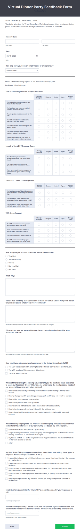 Virtual Dinner Party Feedback Form Template