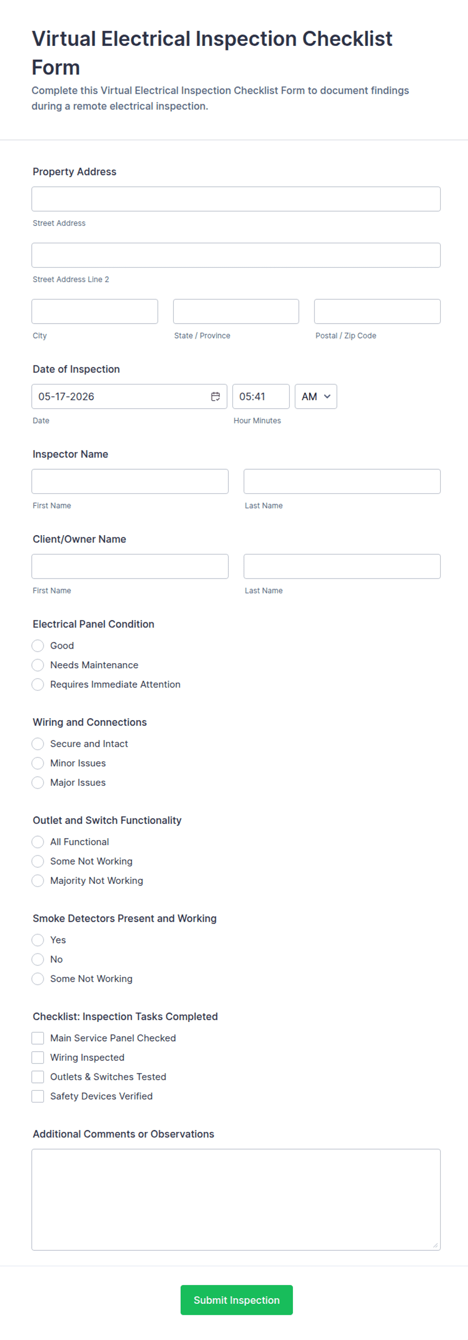 Virtual Electrical Inspection Checklist Form Template | Jotform
