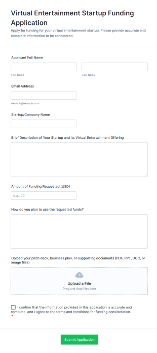 Virtual Entertainment Startup Funding Application Form Template