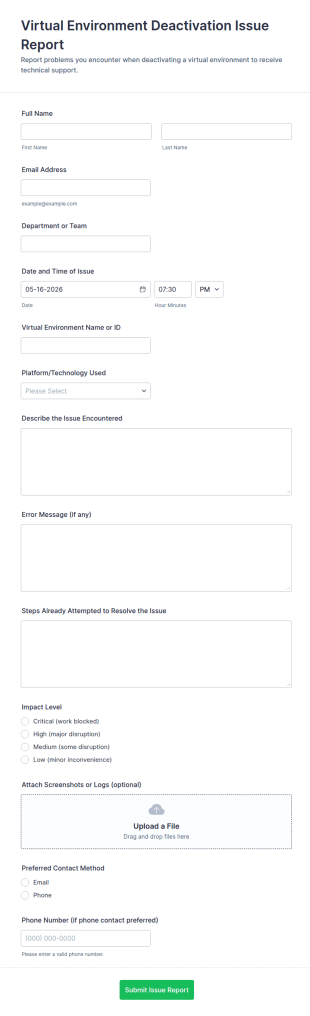 Virtual Environment Deactivation Issue Report Form Template