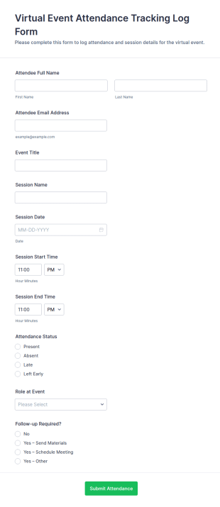 Virtual Event Attendance Tracking Log Form Template