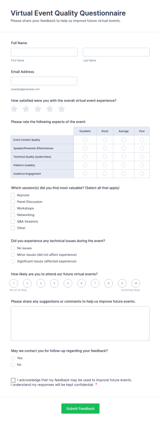 Virtual Event Quality Questionnaire Form Template