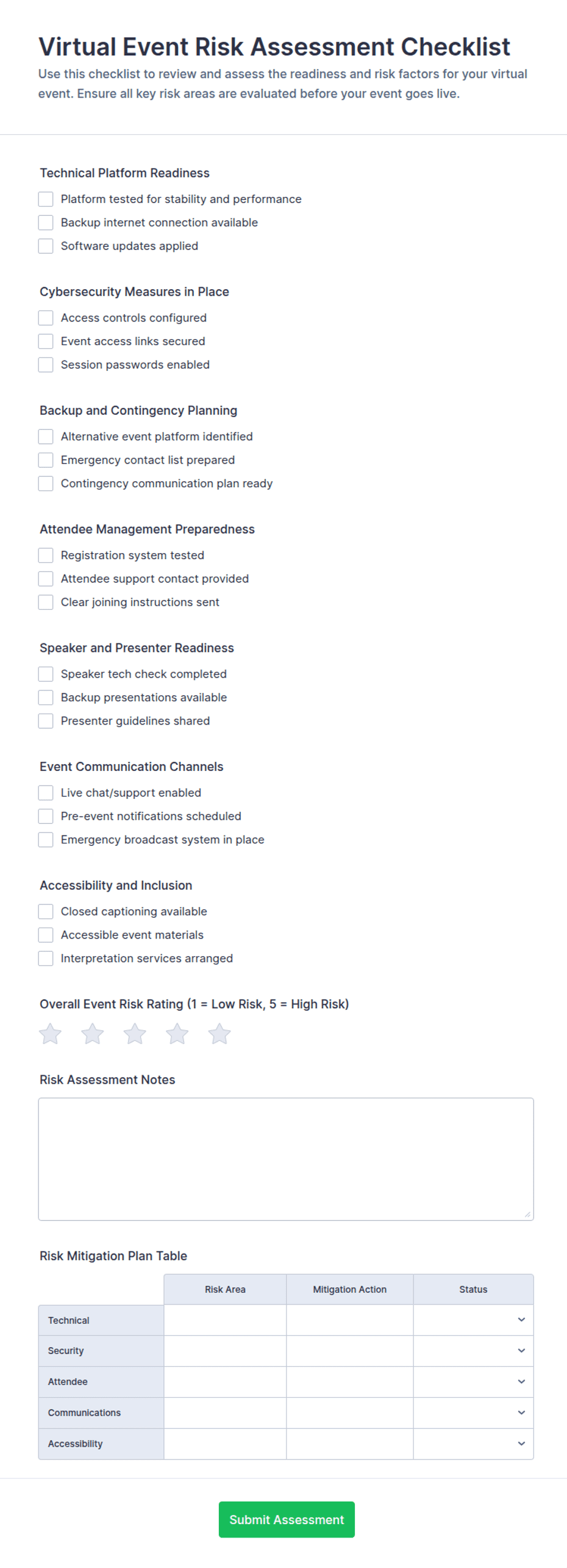 Virtual Event Risk Assessment Checklist Form Template | Jotform