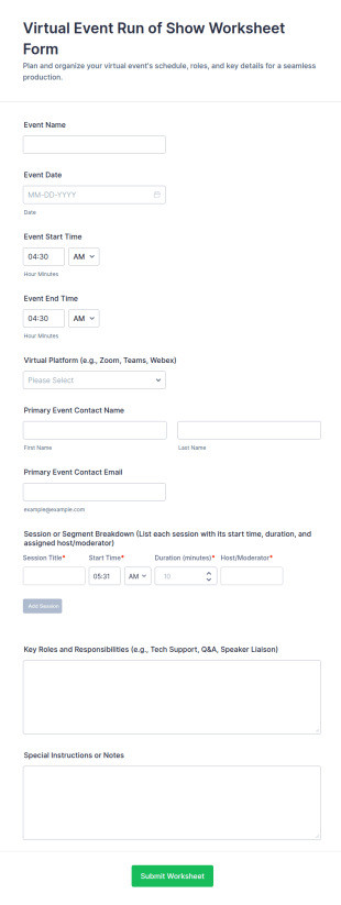 Virtual Event Run Of Show Worksheet Form Template