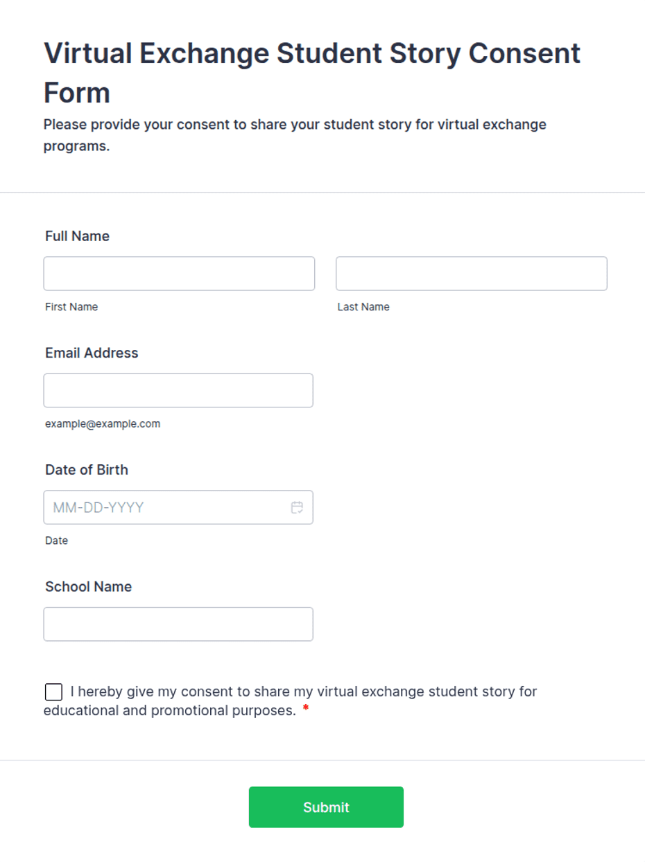 Virtual Exchange Student Story Consent Form Template | Jotform