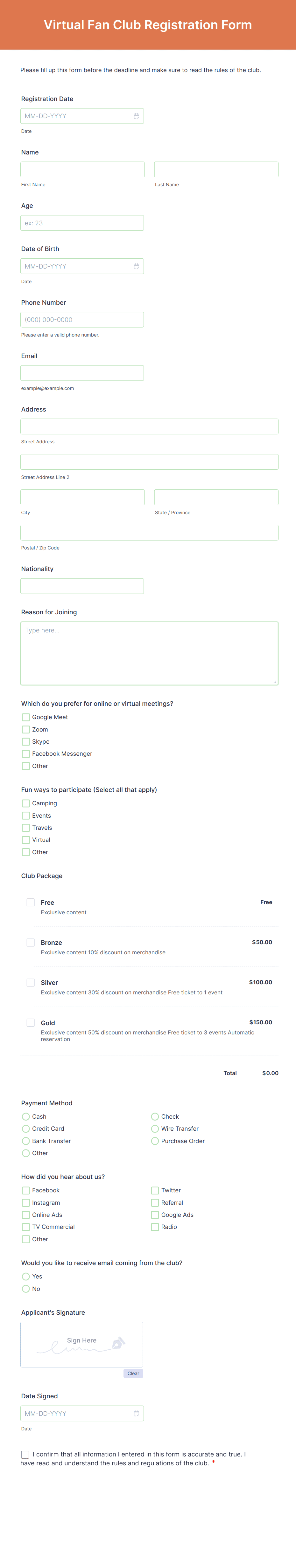 Virtual Fan Club Registration Form Template | Jotform