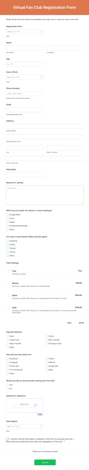 Virtual Fan Club Registration Form Template
