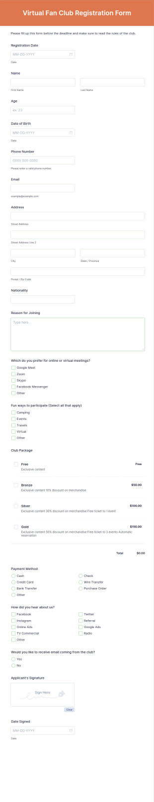 Virtual Fan Club Registration Form Template
