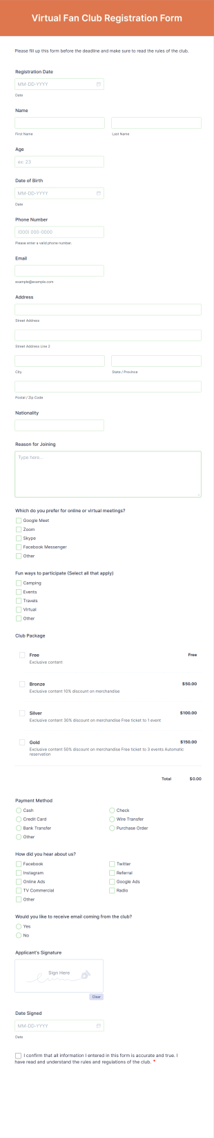 Virtual Fan Club Registration Form Template