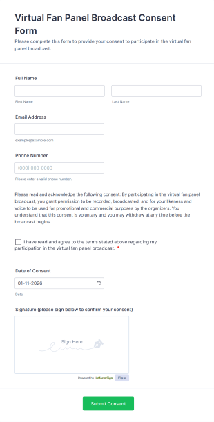 Virtual Fan Panel Broadcast Consent Form Template