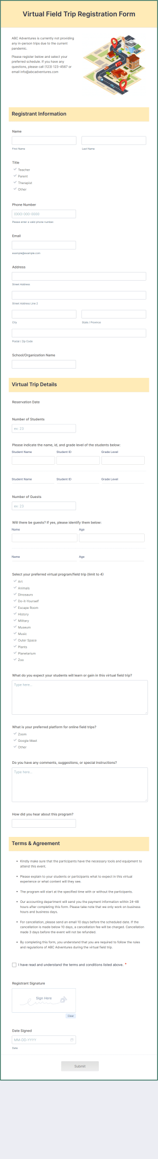 Virtual Field Trip Registration Form Template