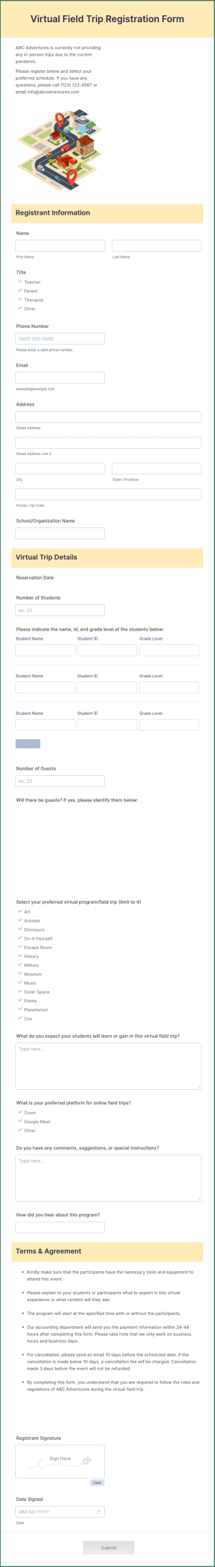 Virtual Field Trip Registration Form Template