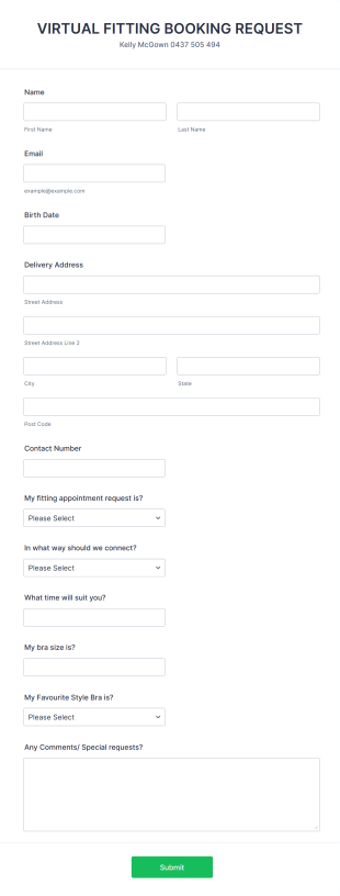 Virtual Bra Fitting Booking Form Template
